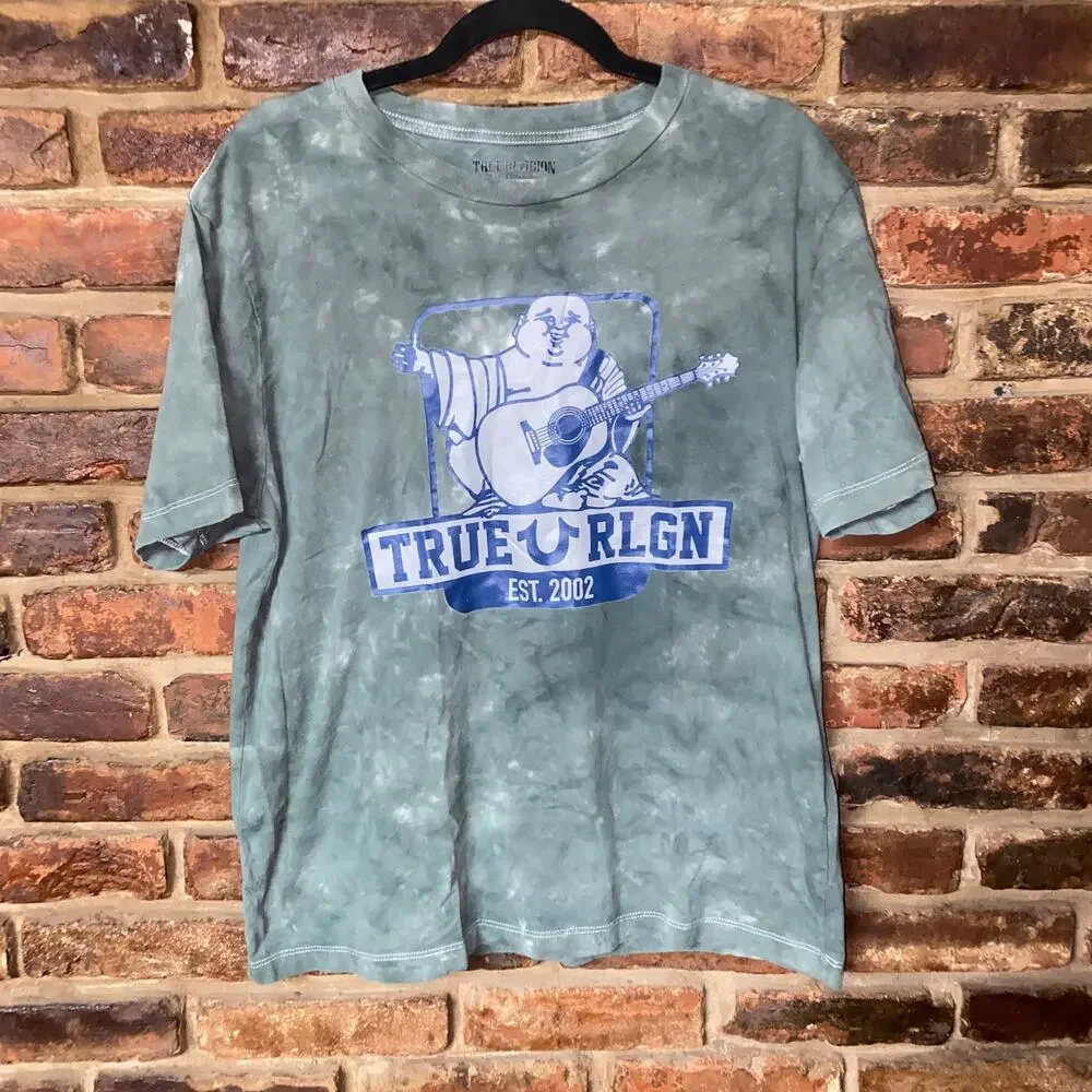 True Religion Green Tie Dye Buddha Logo Short Sleeve Tee T-Shirt Mens Size Large